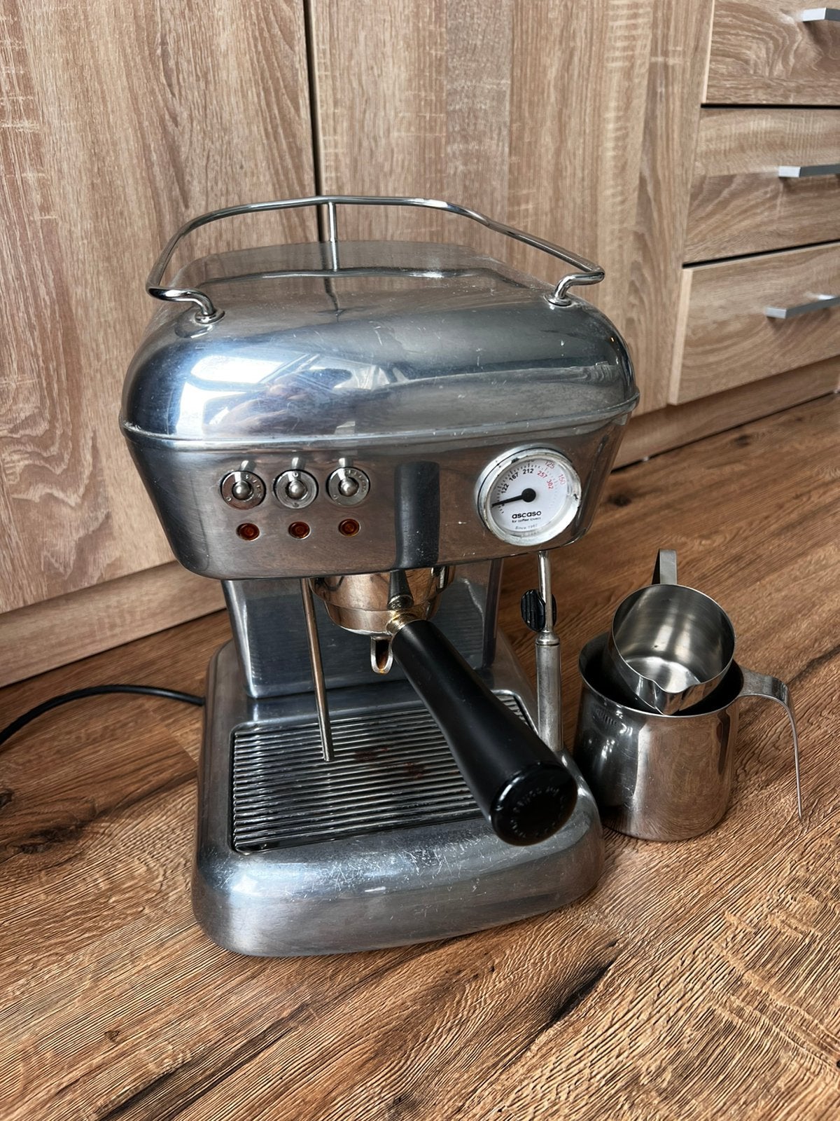 Zilveren Ascaso Dream incl melkkannetjes en koffiestamper, Ophalen, Zo goed als nieuw, Espresso apparaat