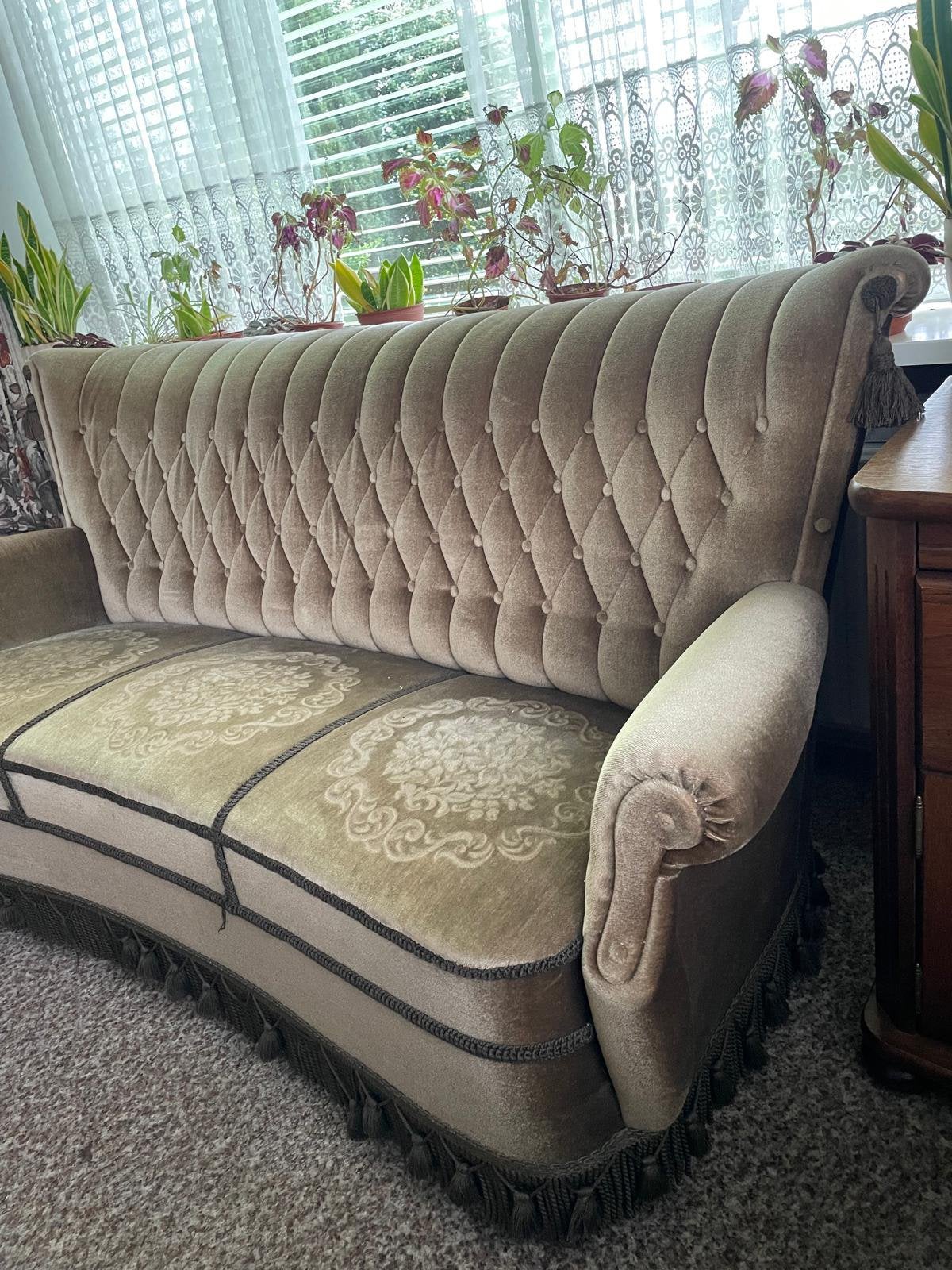 Vintage bank met 2 fauteuils., Ophalen, Gebruikt, 75 tot 100 cm