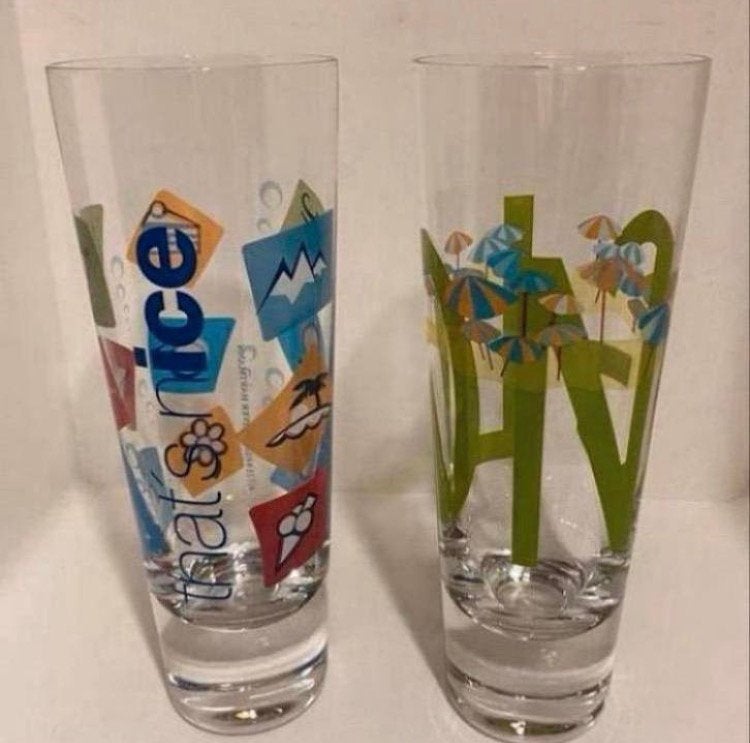 2 Glazen:Olivier Hartmann-That’s nice/Evelin Roth-Long.18 cm, Verzamelen, Ophalen, Zo goed als nieuw, Frisdrankglas