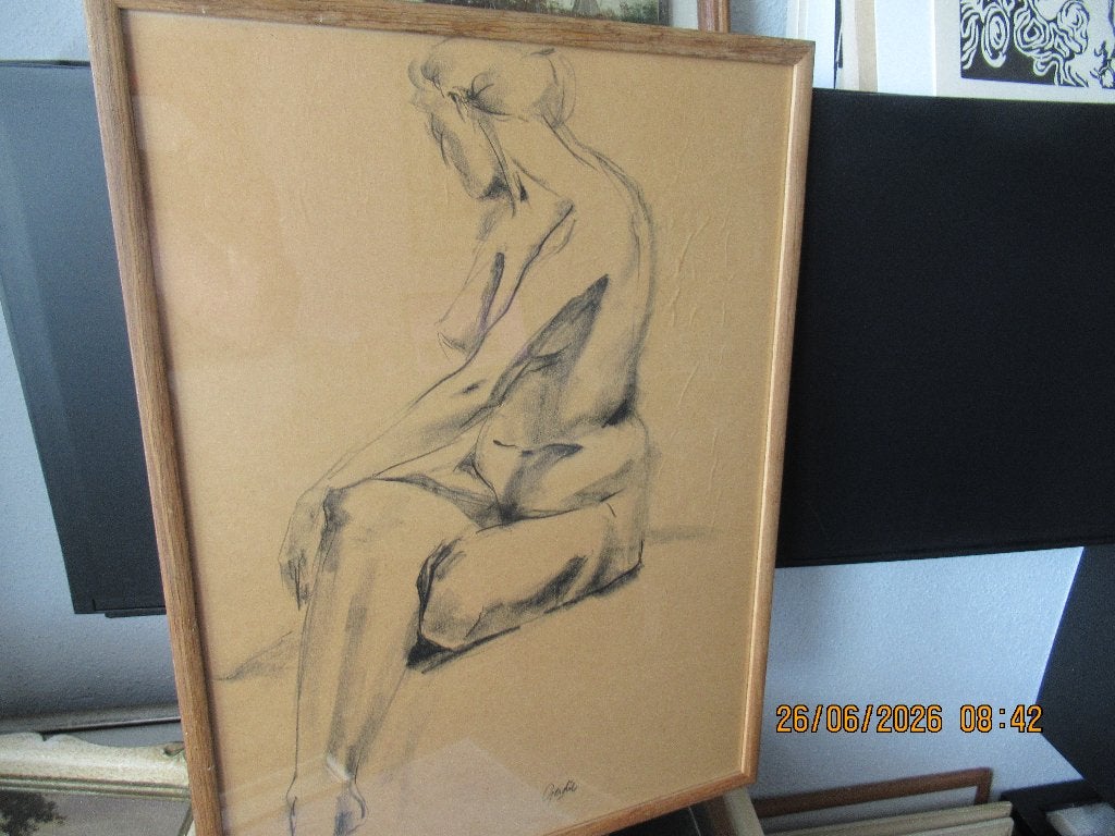 Naakt Gertie, Ophalen of Verzenden, Tekening, Houtskooltekening, Ingelijst