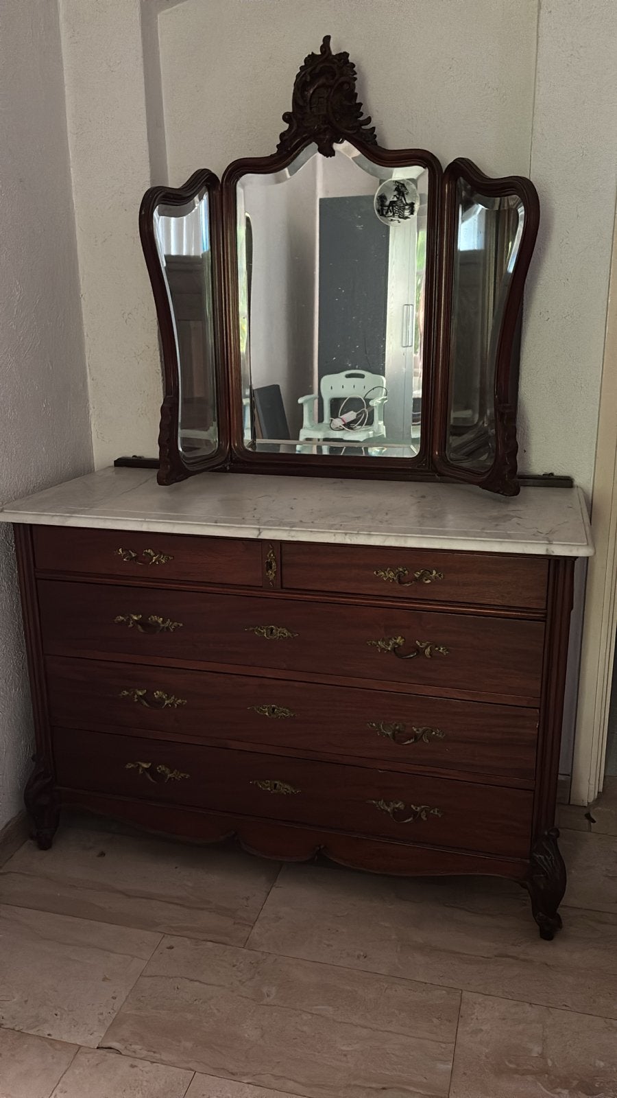 Antieke Commode met Marmeren Blad en Drievoudige Spiegel, Ophalen