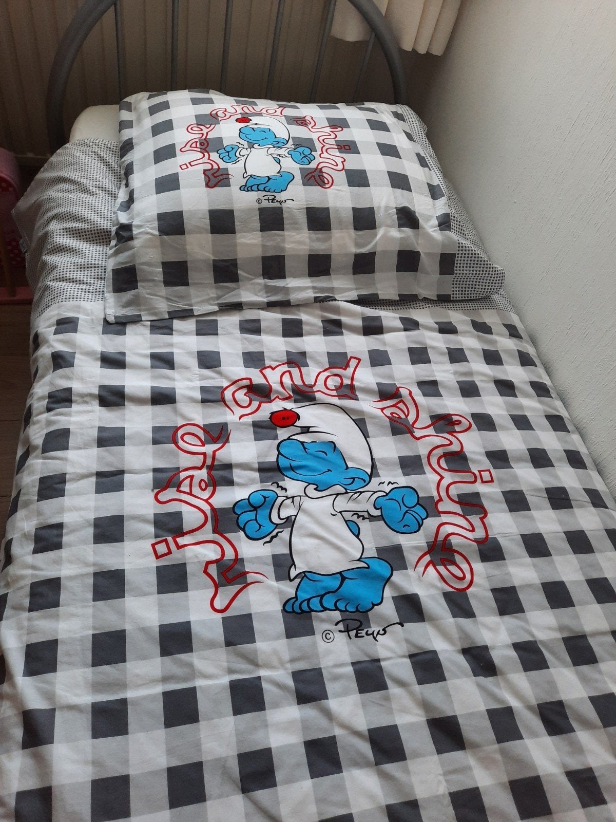 Smurfen dekbedovertrek met kussensloop - Geruit design, Overige merken, Ophalen of Verzenden, Zo goed als nieuw, Meerkleurig