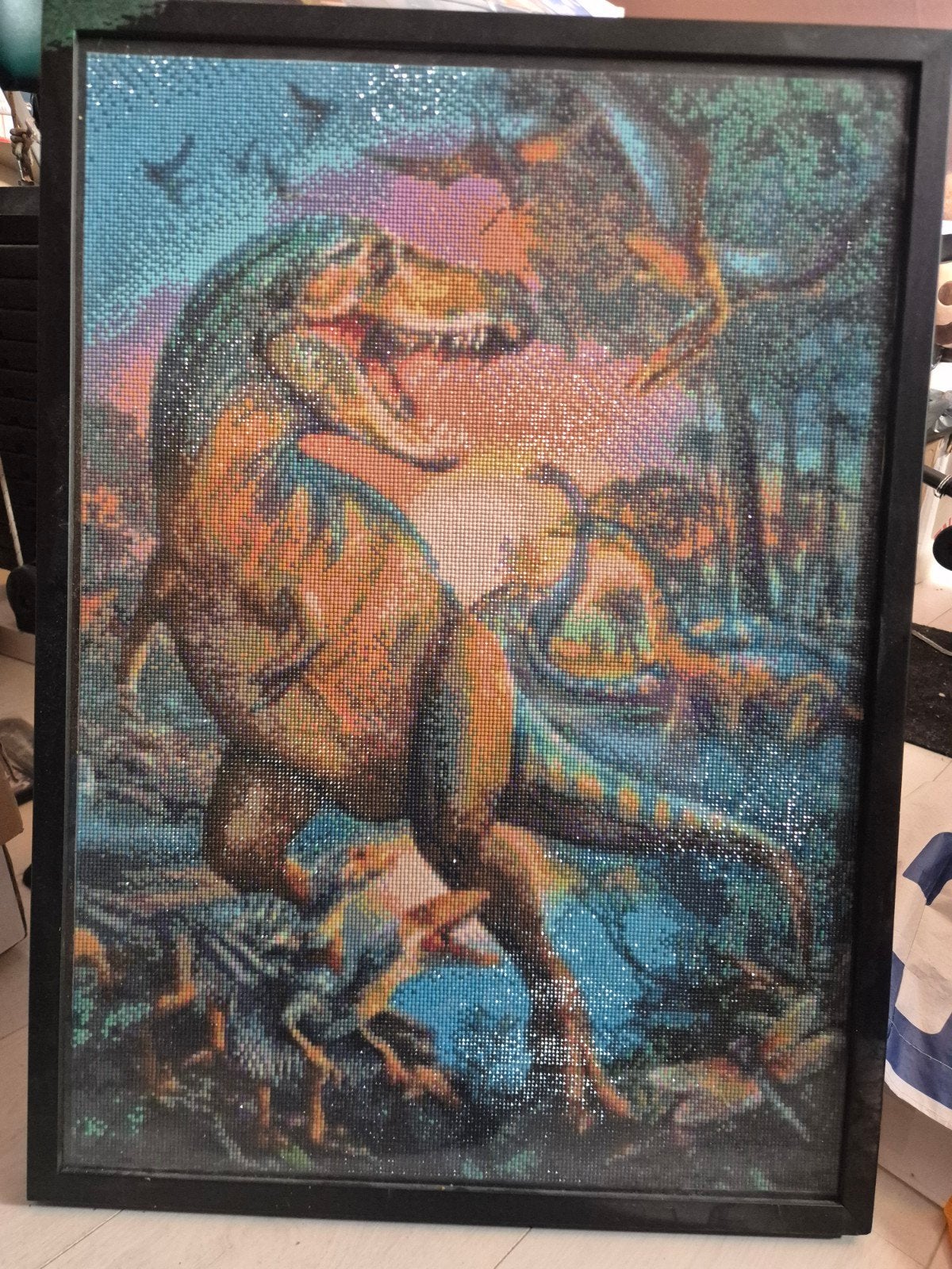 Diamond Painting Dinosaurus T-Rex ingelijst, Overige typen, Ophalen of Verzenden, Zo goed als nieuw, 75 – 100