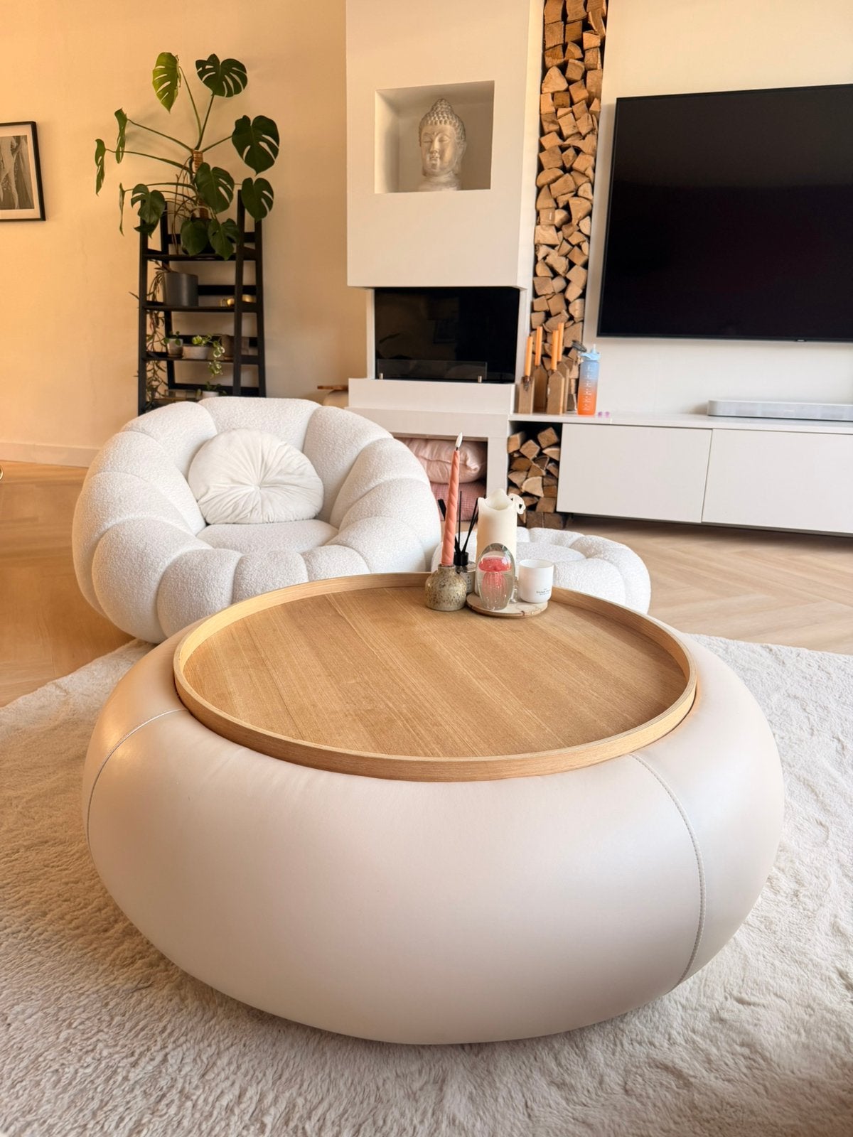 Zgan DÉJA salontafel Draby beige/natural met opbergruimte, 100 tot 150 cm, Rond, Ophalen of Verzenden, Zo goed als nieuw
