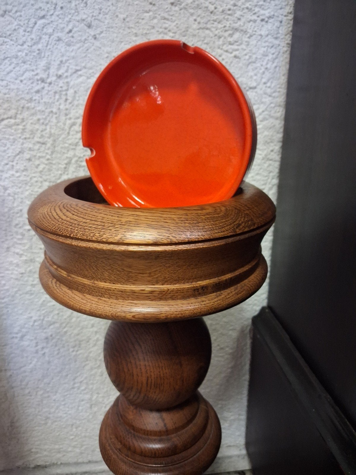 Vintage Eikenhouten Vloerasbak met Oranje Keramiek, Ophalen of Verzenden