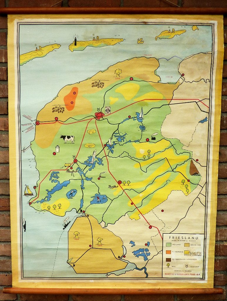 Oude en zeer creatieve schoolkaart van Friesland, Ophalen of Verzenden, Aardrijkskunde
