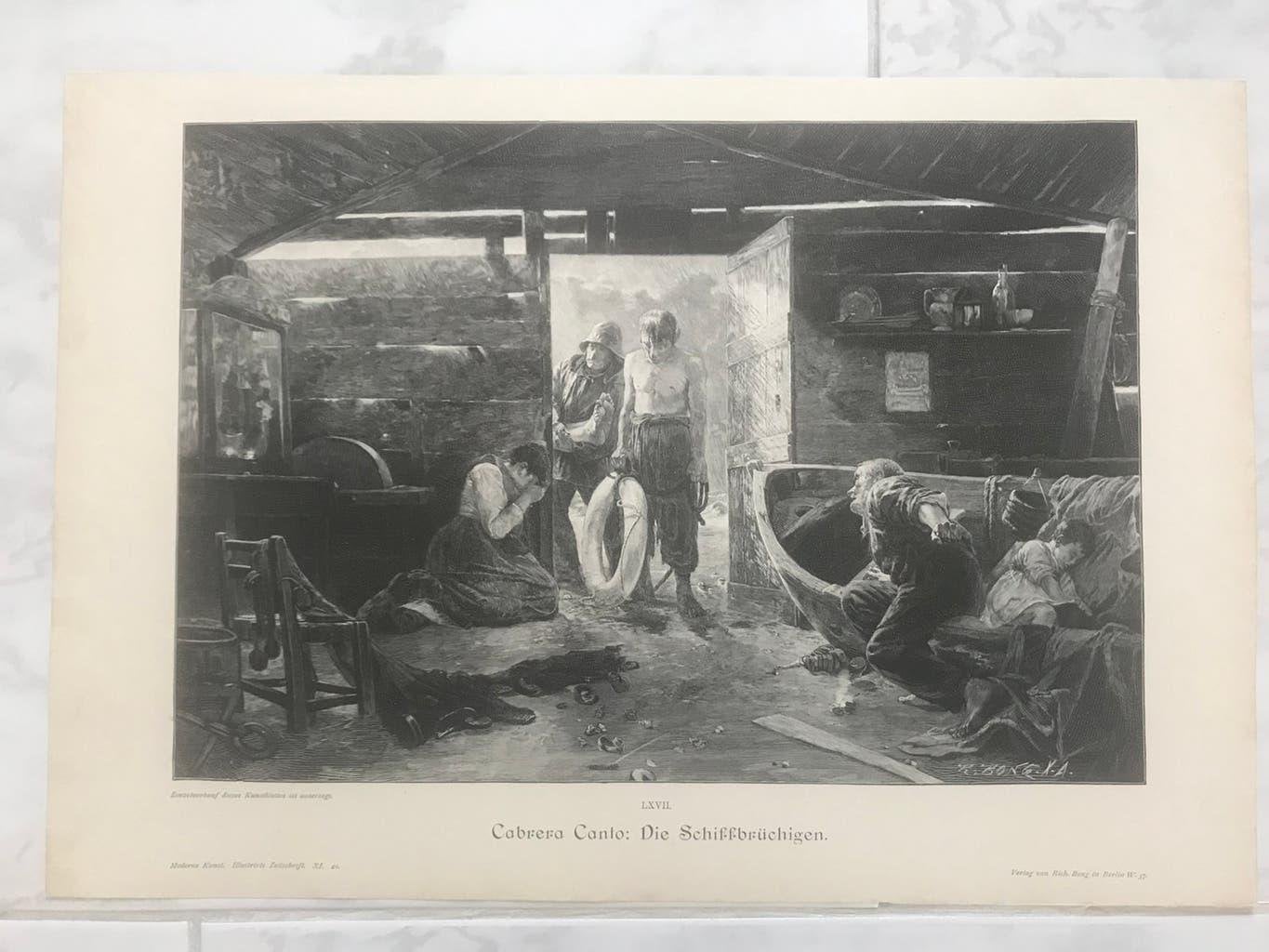 Cabrera Canto: Die Schiffbrüchigen, 1890, gravure, 32x22 cm., Antiek en Kunst, Origineel, Dagelijks leven, Ophalen of Verzenden