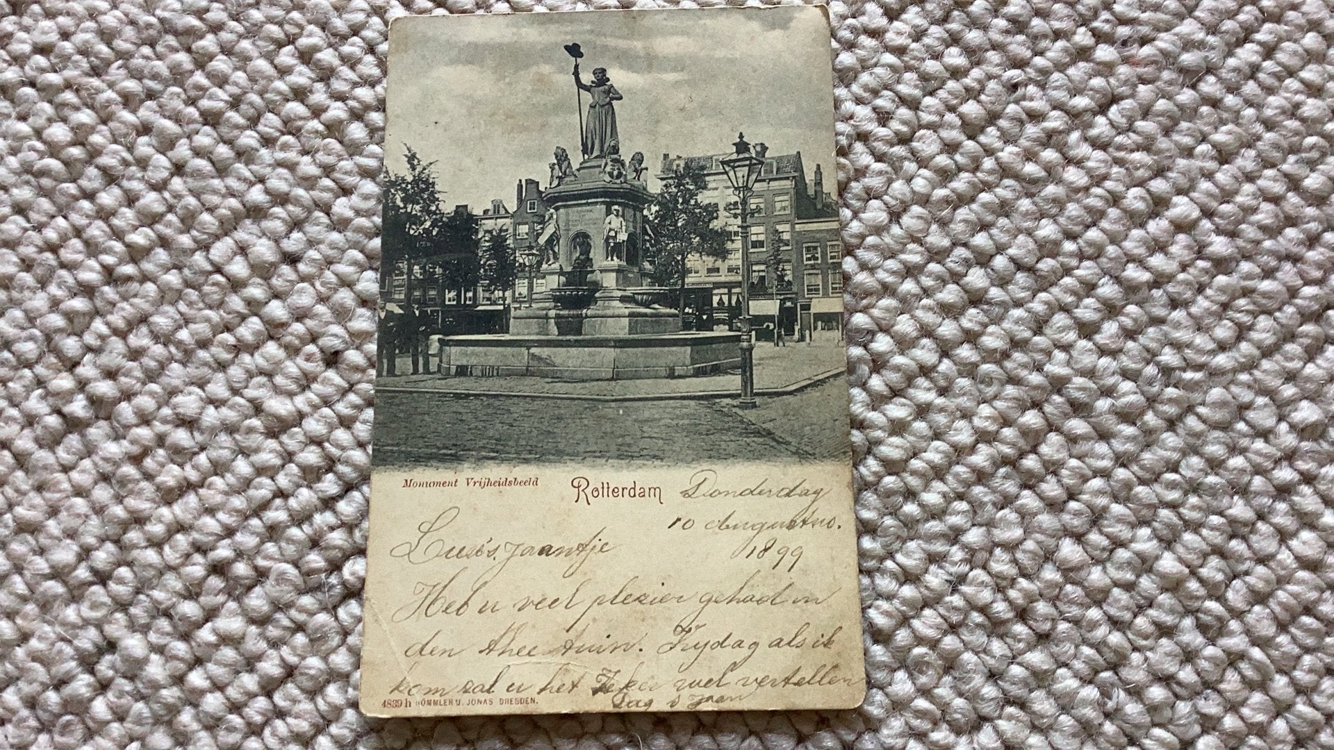 Ansichtkaart Rotterdam Monument Vrijheidsbeeld 1899. 940, Ophalen of Verzenden, Voor 1920, Gelopen, Zuid-Holland