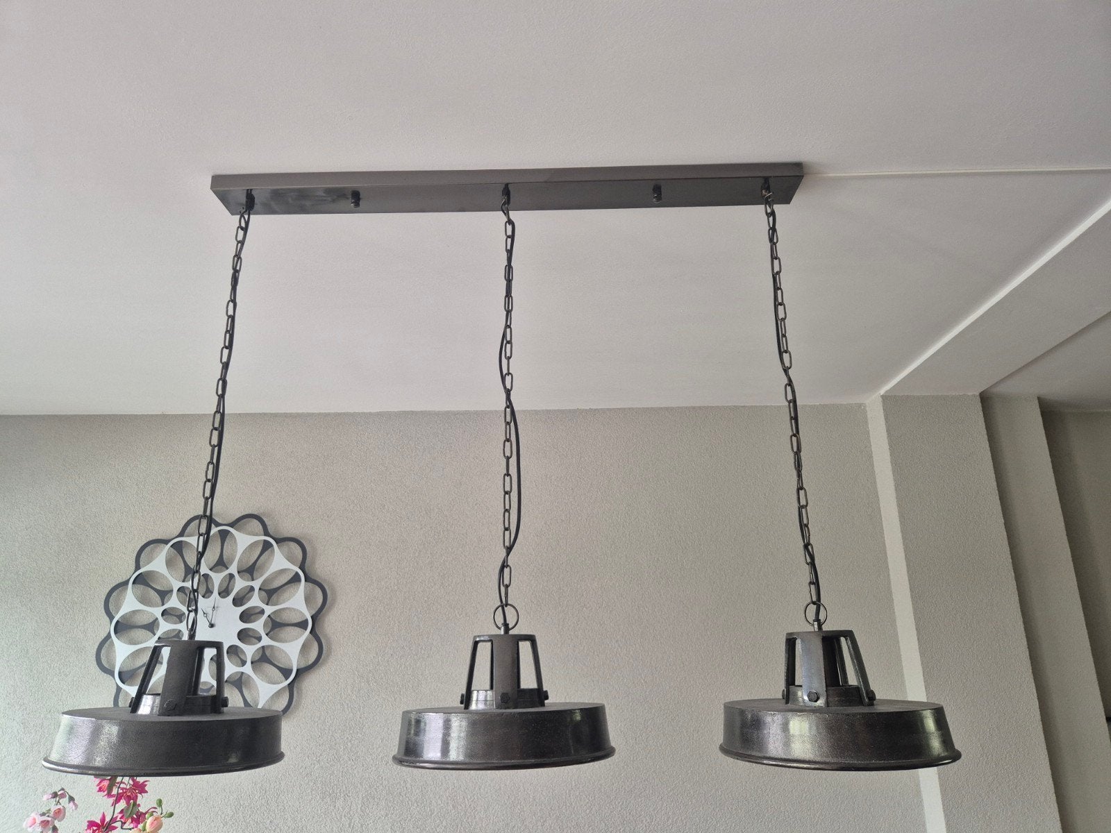 Industriële hanglampen set - 3 stuks, Ophalen, Gebruikt, E27 (groot), Metaal