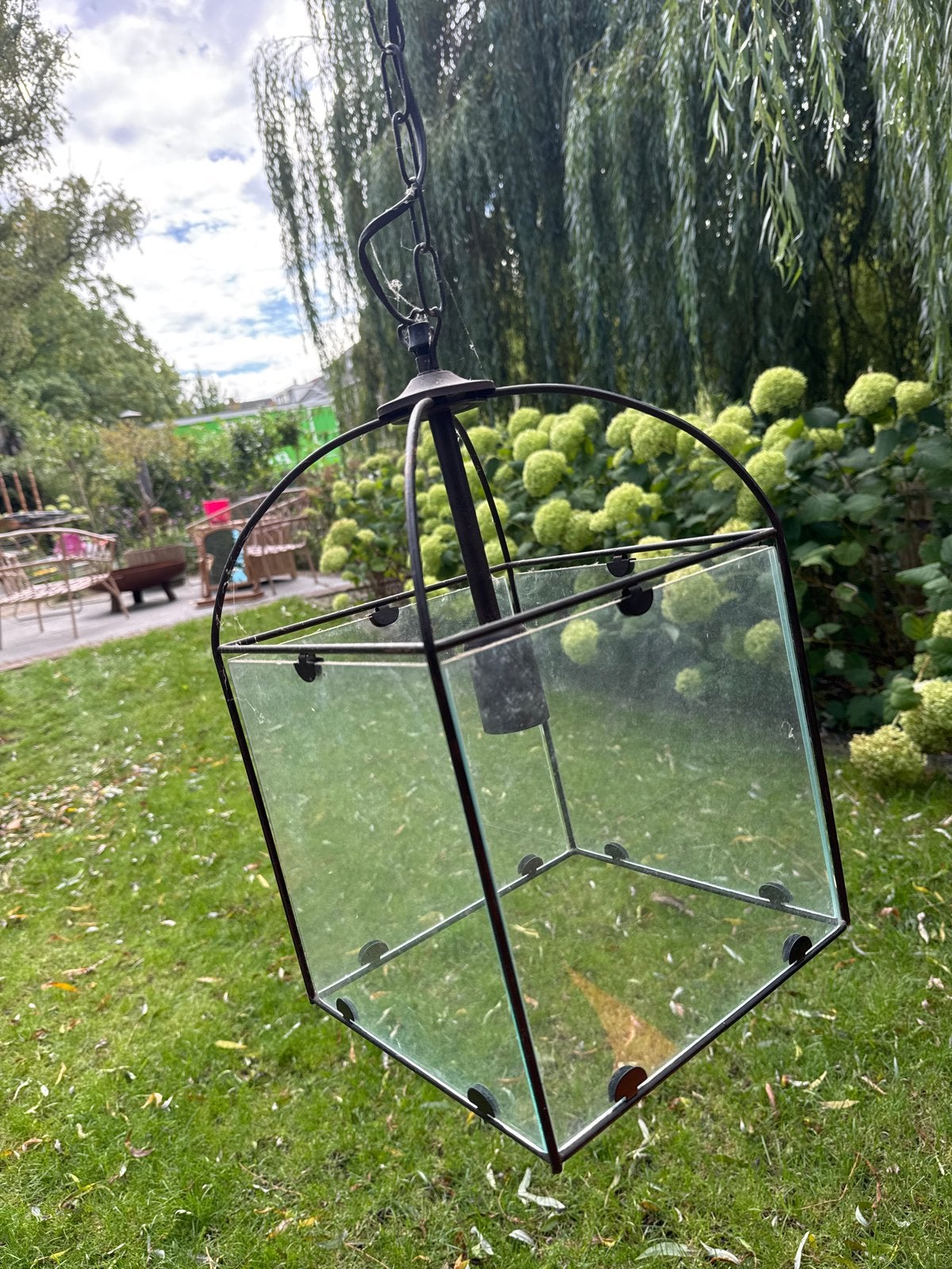 Vintage Hanglamp Zwart Metaal Glas Kubus Design, Ophalen of Verzenden
