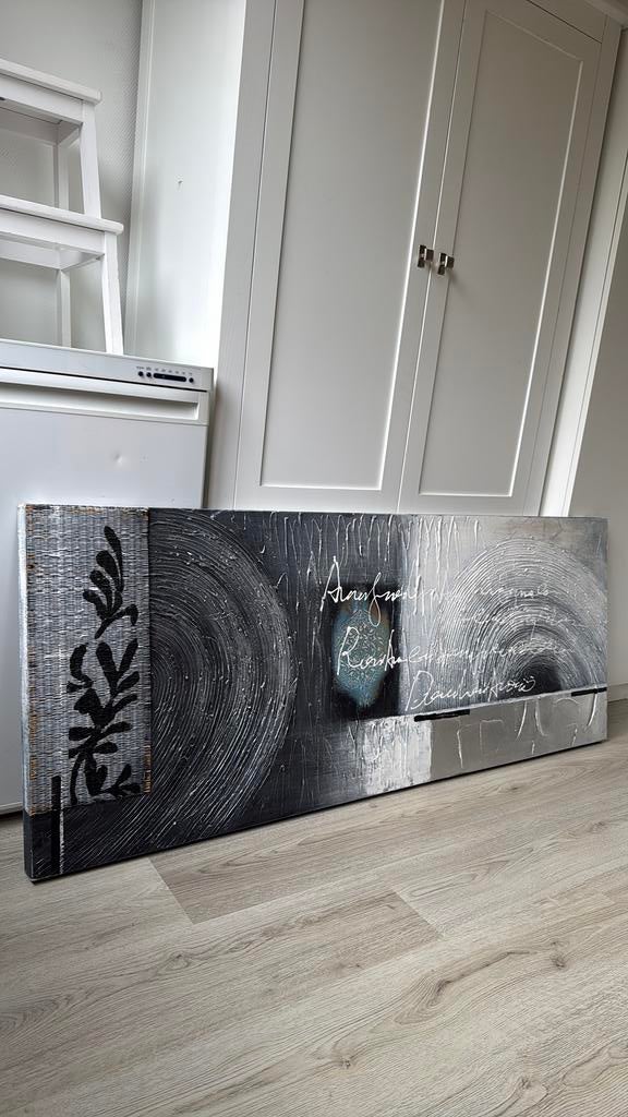 Schilderij zwart, grijs, groen, wit en zilver, Antiek en Kunst, Ophalen of Verzenden