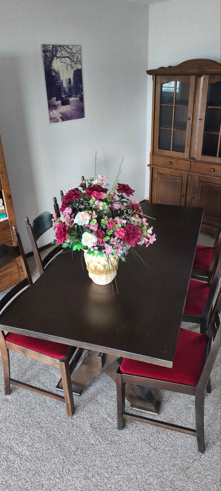 Vintage massief eikenhouten eettafel 180 x 85 cm + 6 stoelen, Ophalen, Gebruikt, Vintage, Landelijk, 4 tot 6 stoelen
