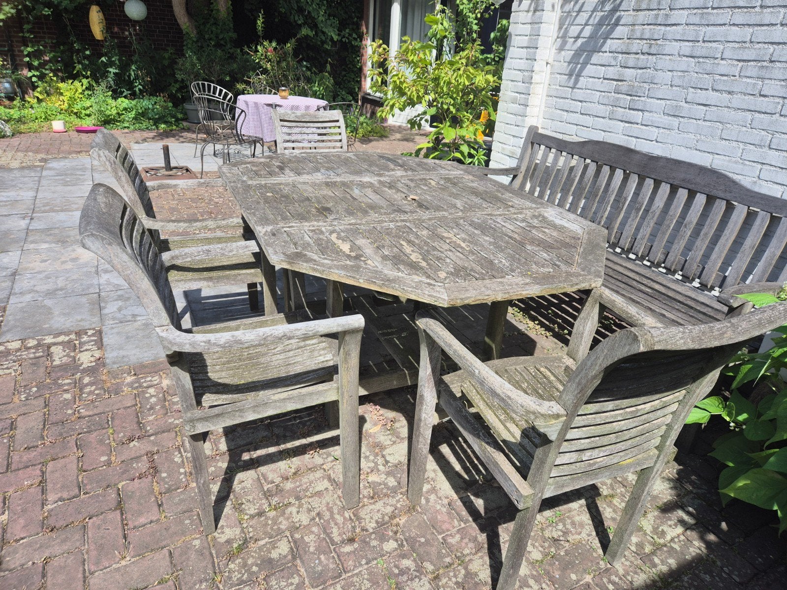 Houten tuinset met tafel, stoelen en bank, Tuin en Terras, Ophalen of Verzenden, Gebruikt, Hout, Bank