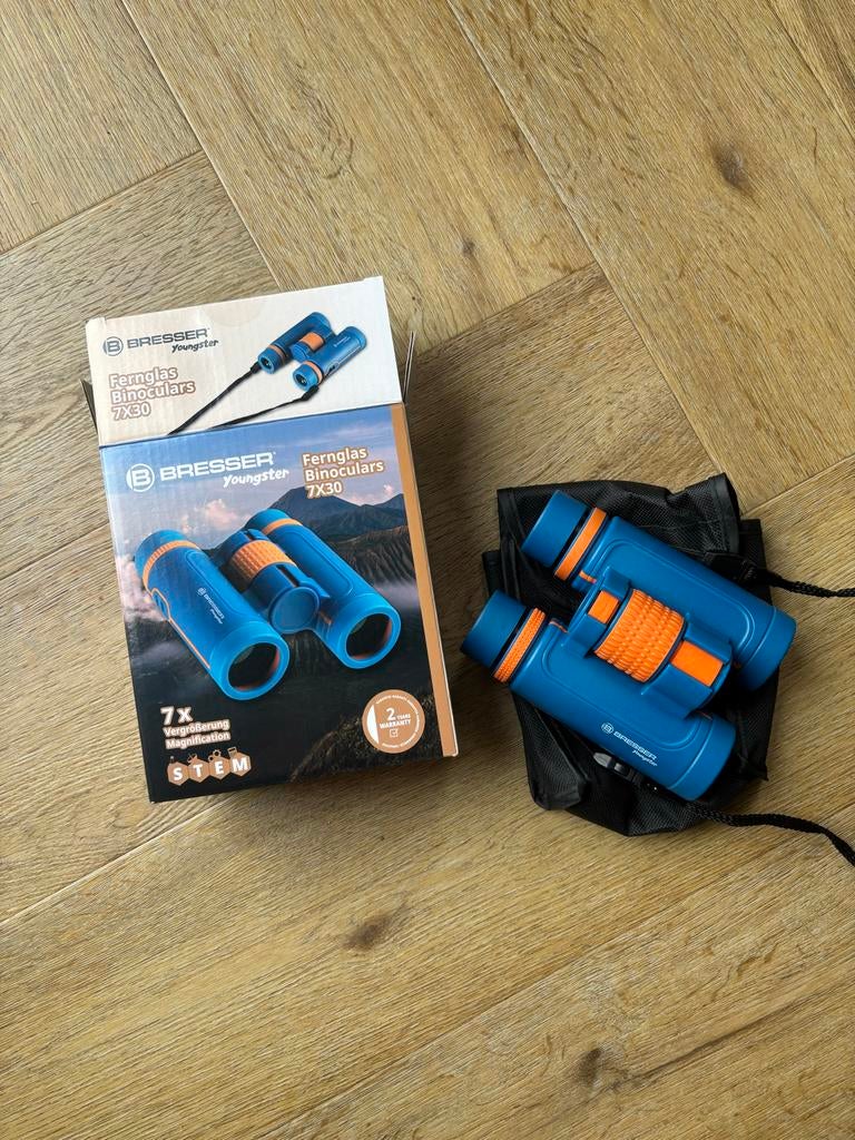 Bresser Youngster 7x30 Verrekijker - Blauw/Oranje, Minder dan 8x, Zo goed als nieuw, Met hoes of tas, Porro (met knik)