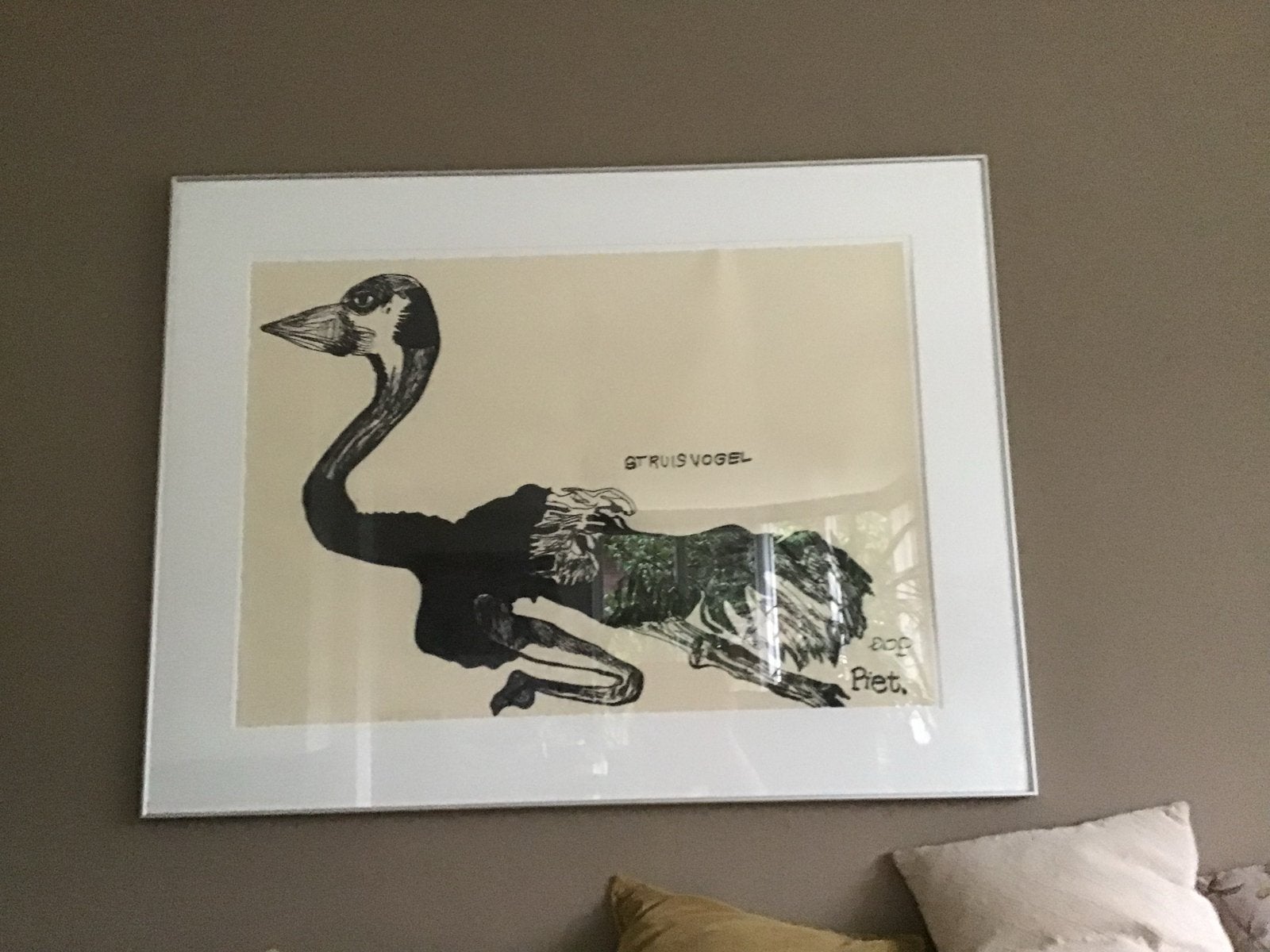 Unieke struisvogel tekening (orgineel), van Piet Shopping, Ophalen, Tekening, Gesigneerd