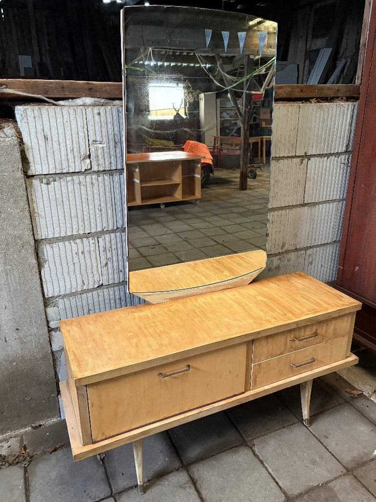 Vintage dressier/kaptafel en spiegel, Ophalen, Rechthoekig, 100 tot 150 cm, 150 tot 200 cm