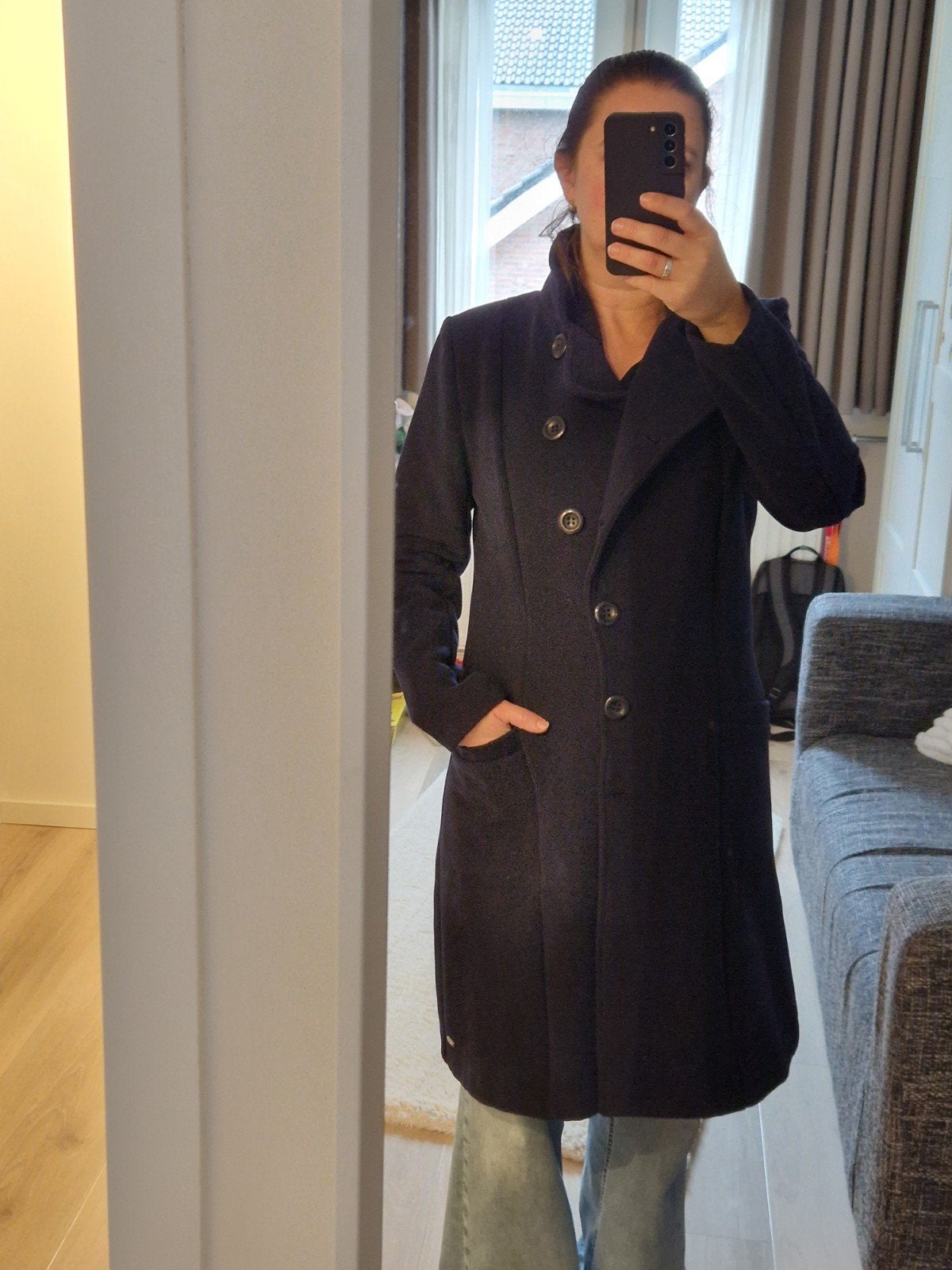 Donkerblauwe winterjas van Angelle Milan, maat M, Kleding | Dames, Ophalen of Verzenden, Zo goed als nieuw, Maat 38/40 (M), Blauw