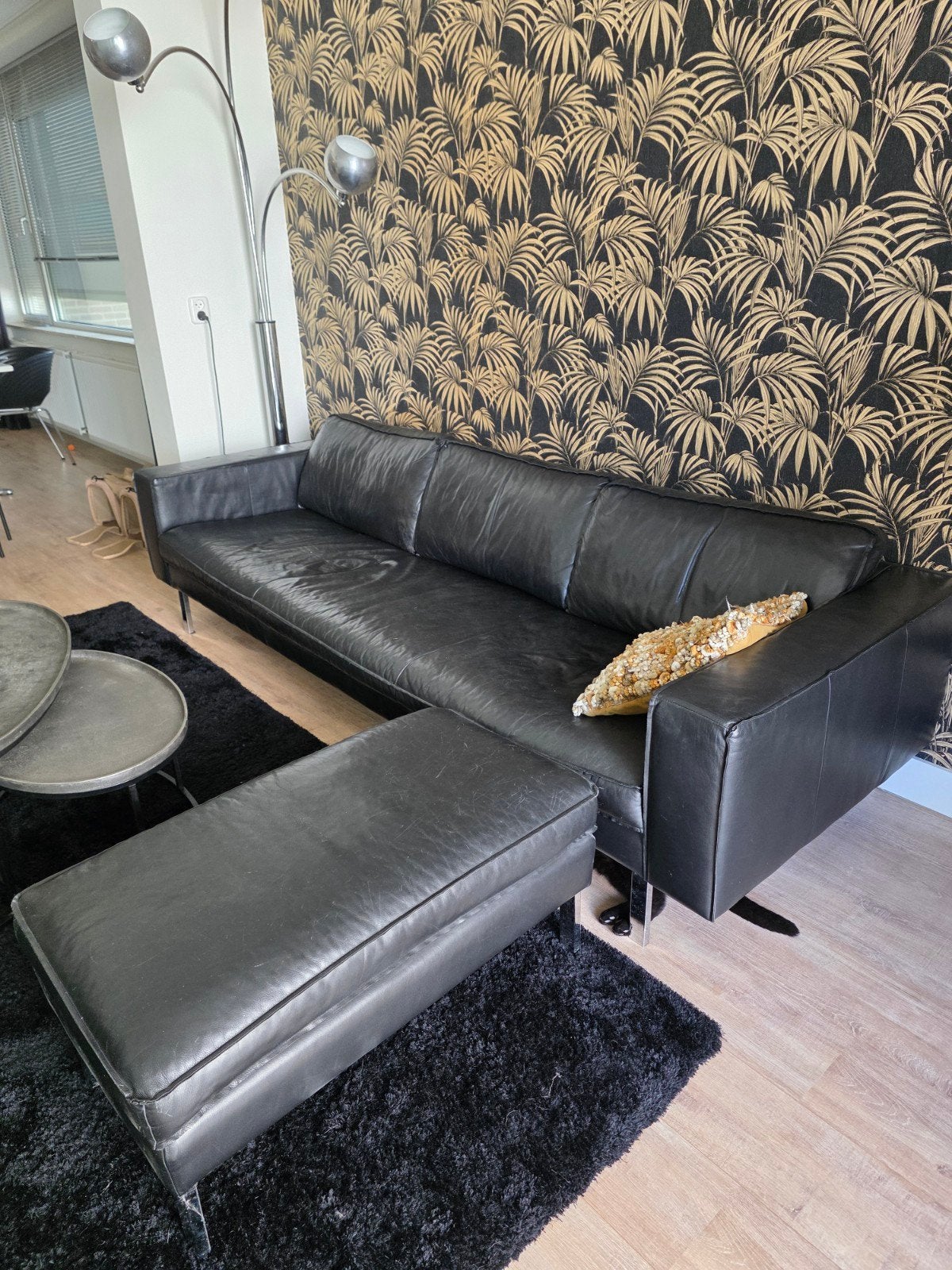 Leren bank + hocker zwart Lederland, Ophalen, Gebruikt, Rechte bank, Modern