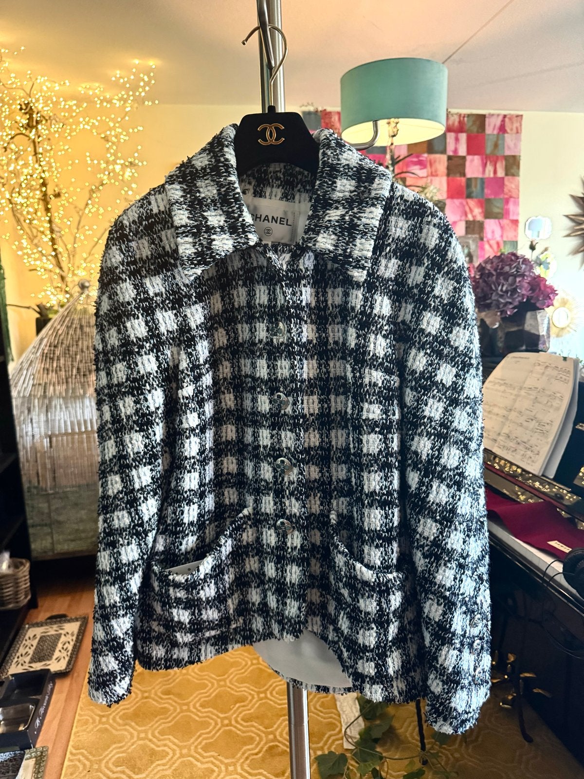 Chanel Tweed Jasje Maat 36 Zwart Wit Blauw, Kleding | Dames, Zwart, Ophalen of Verzenden, Zo goed als nieuw, Jasje