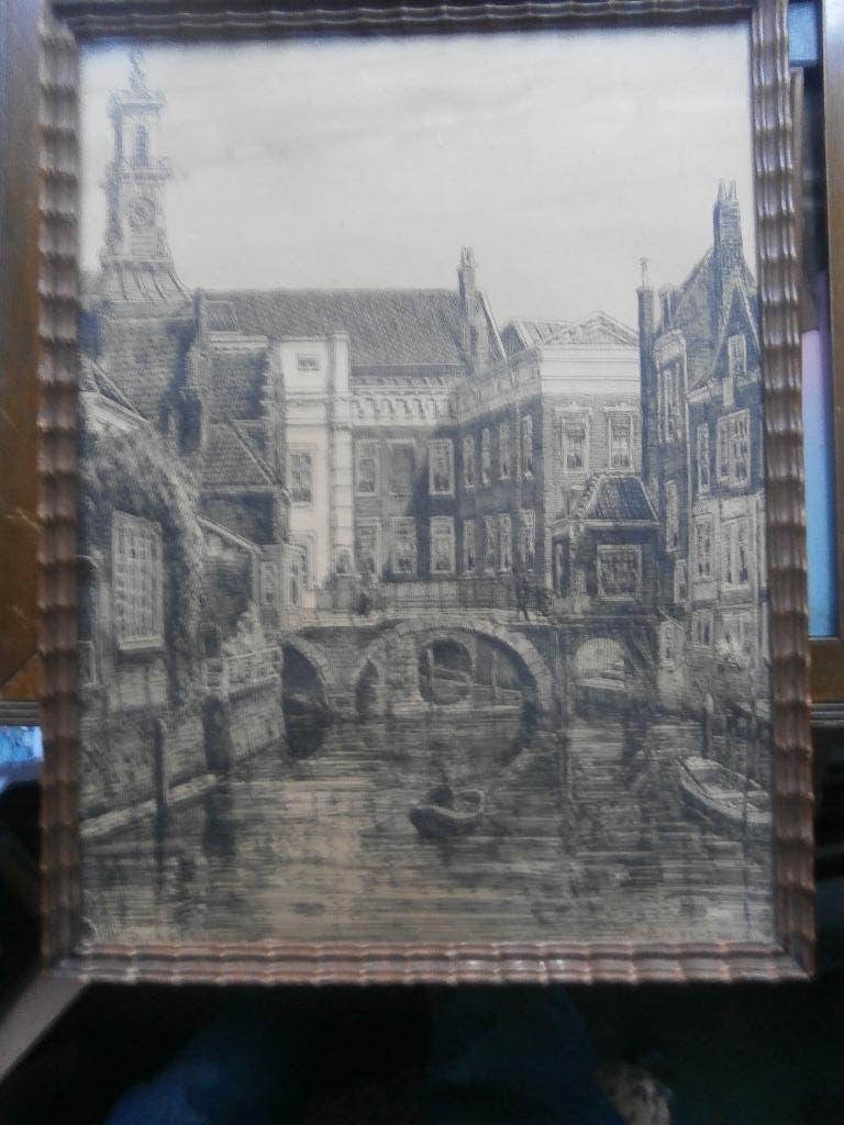 Eugene Rensburg Litho v/h Centrum van Dordrecht Oud lijstje, Antiek en Kunst, Ophalen of Verzenden