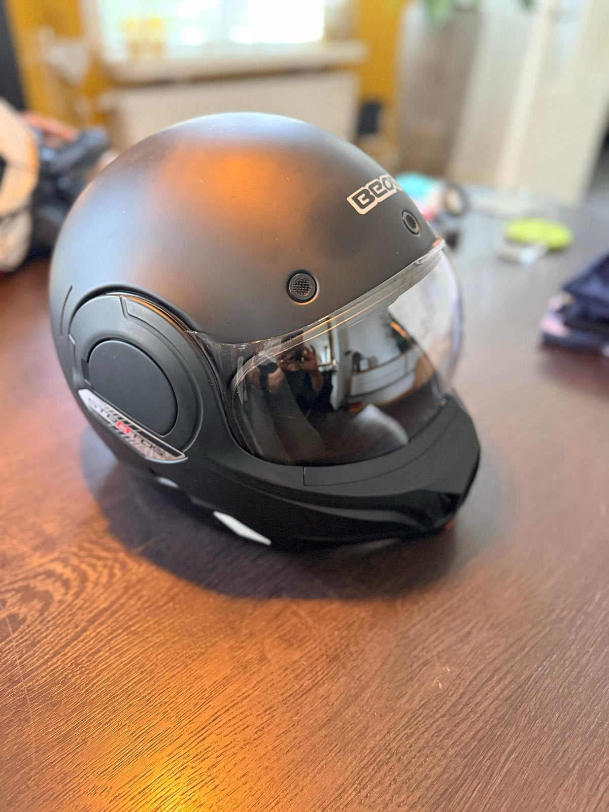 Zwarte BEON Stratos SYSTEEM HELM met zonnevizier en hoes, Heren, Jethelm, Tweedehands, Ophalen