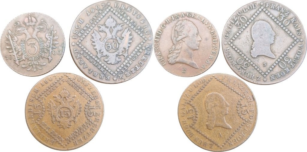 3, 15 en 30 kreuzer 1800 tot 1807, Oostenrijk, Frans II, Ophalen of Verzenden, Oostenrijk, Setje