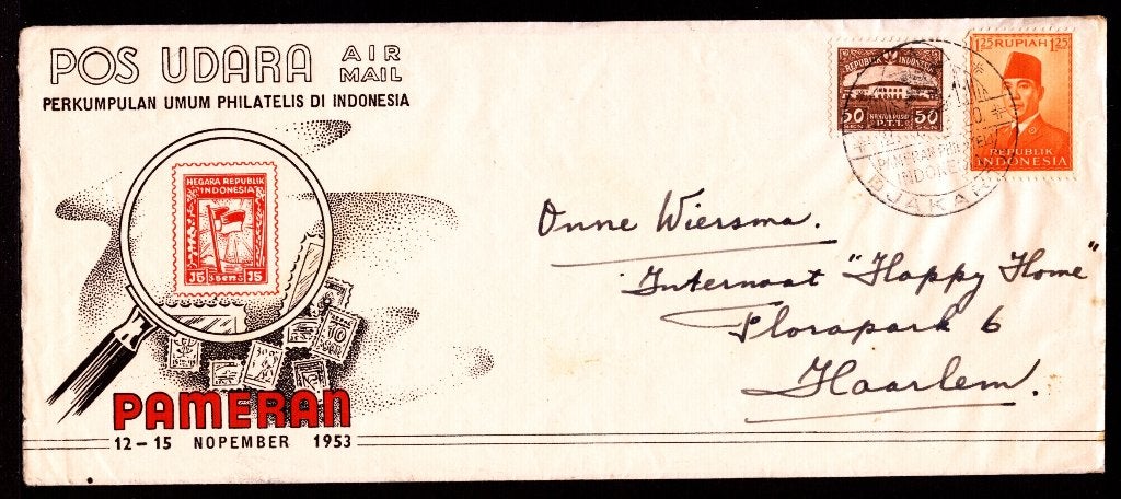 Envelop; 1953 Indonesië Luchtpost Djakarta Haarlem Pameran, Ophalen of Verzenden, Envelop