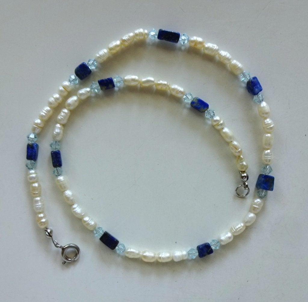 Zoetwaterparel, lapis lazuli + kristalletjes ketting, Sieraden, Tassen en Uiterlijk, Overige materialen, Gebruikt, Blauw, Ophalen of Verzenden