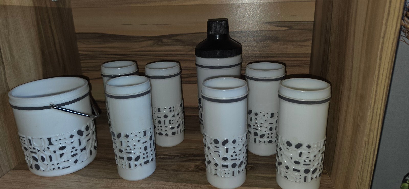 Vintage voorraadpotten en emmer - wit met zwart patroon, Ophalen, Voorraadpot, Wit, Overige merken