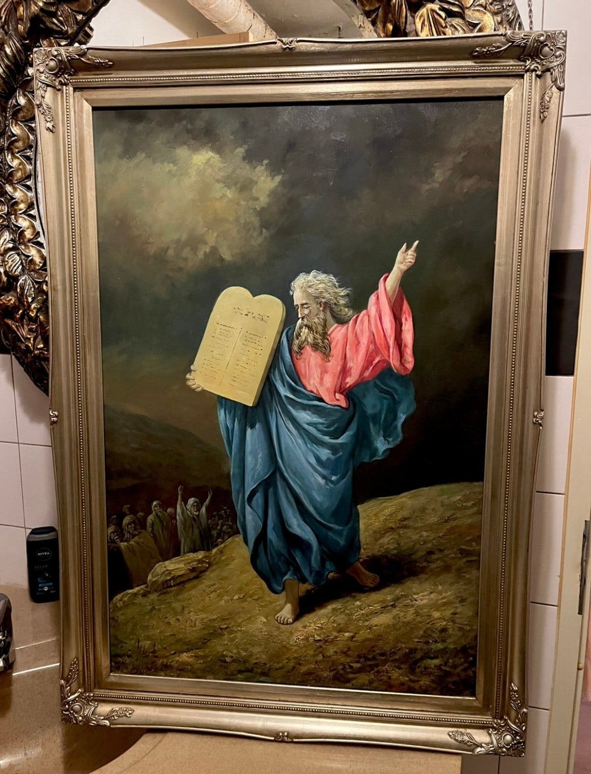 Groot olieverf Mozes met 10 geboden schilderij, Ophalen