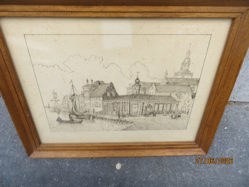 VISBANK VLAARDINGEN, Mooie  gesign. zw-krijt tekening/litho, Ophalen, Krijttekening