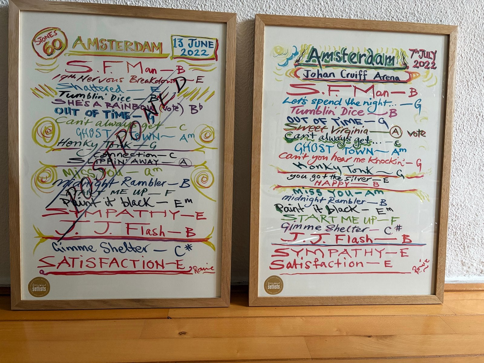 Ronnie Wood Rolling Stones Setlists Amsterdam (2 stuks), Ingelijst, Ophalen of Verzenden, Overige onderwerpen, Lithografie