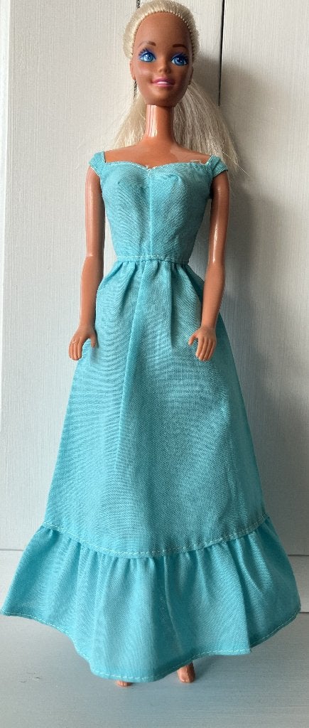 Barbie blauwe jurk Deluxe Quick Curl (Mattel, jaren 70), Ophalen of Verzenden, Zo goed als nieuw, Pop