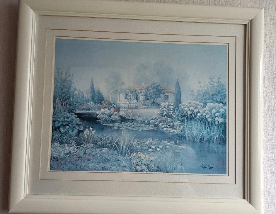 Schilderij van een idyllische tuin met vijver en huis, Antiek en Kunst, Kunst | Schilderijen | Klassiek, Ophalen