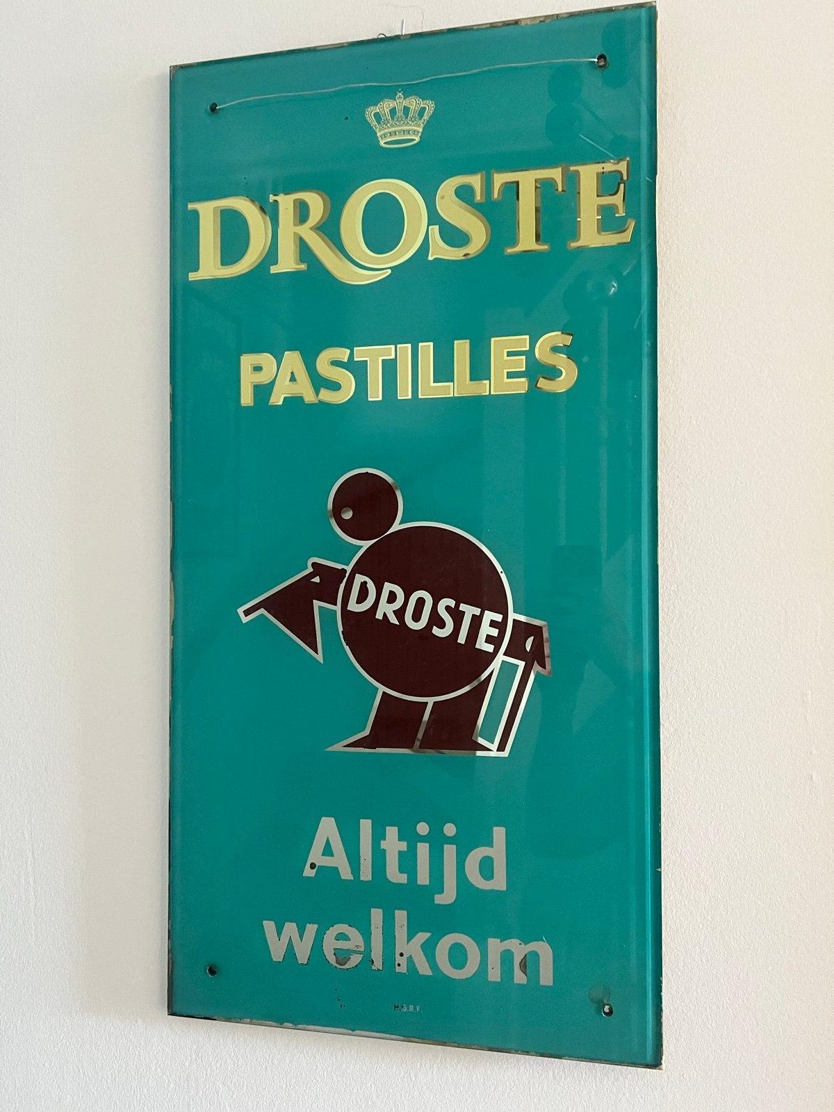 Vintage Droste Pastilles glas Reclamebord, Verzamelen, Merken en Reclamevoorwerpen, Ophalen, Gebruikt, Reclamebord