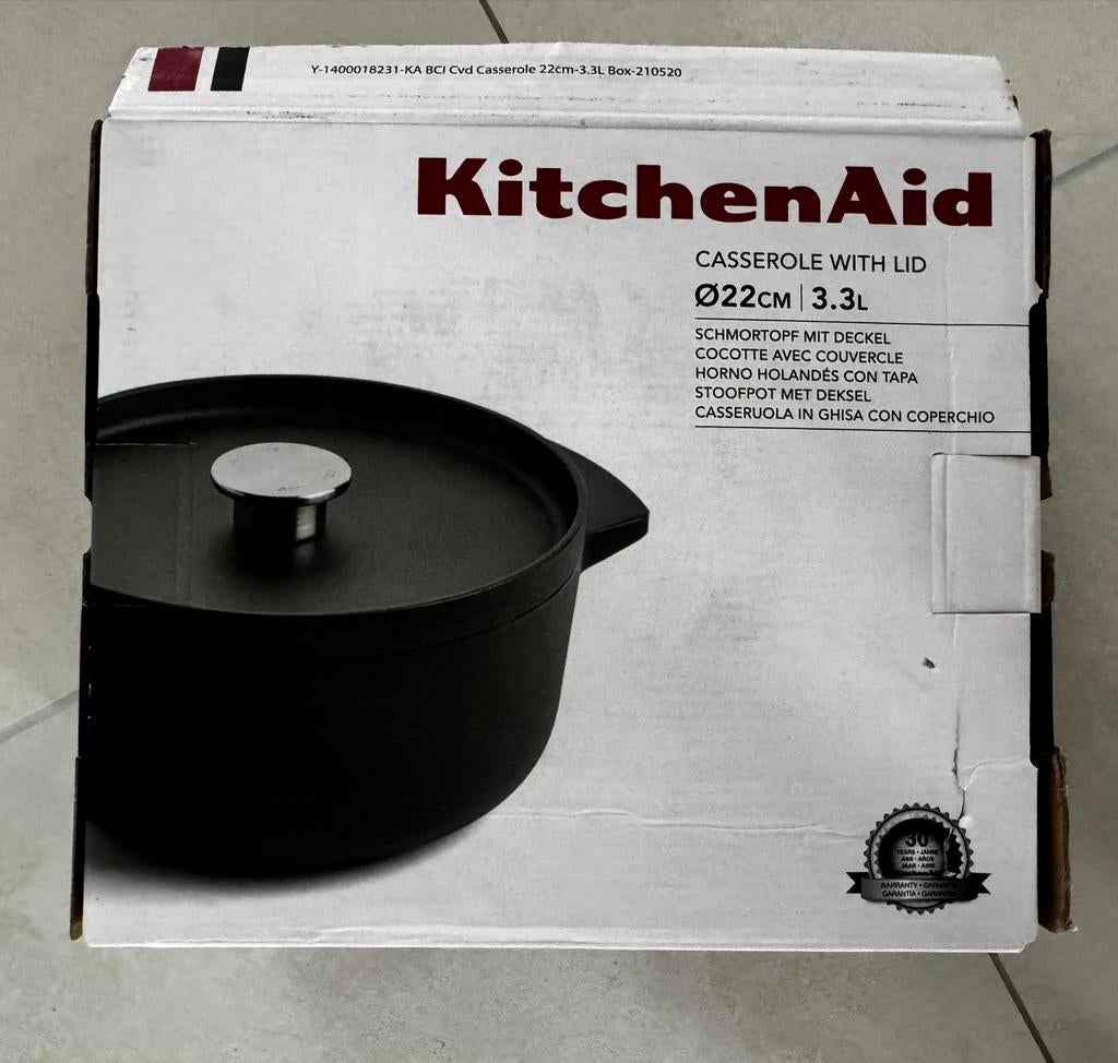 KitchenAid Gietijzeren Braadpan met Deksel - 22cm, 3.3L, Verzenden, Nieuw