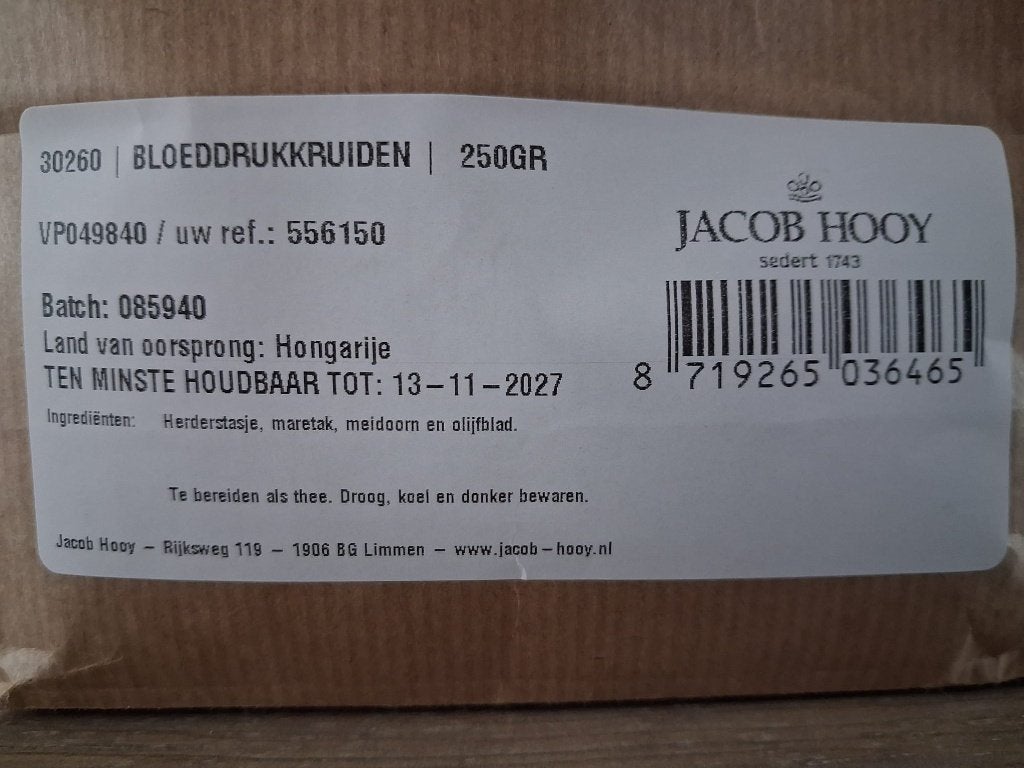 Hoge Bloeddruk Kruiden Jacob Hooy 4x250 Gr, Ophalen of Verzenden, Zo goed als nieuw, Kruiden en Alternatief