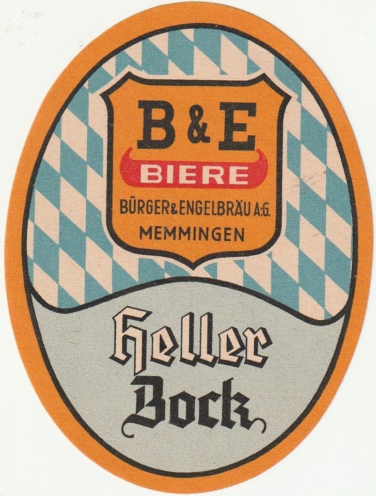 oud bieretiket Duitsland B&E Memmingen Heller Bock, Verzamelen, Verzenden, Zo goed als nieuw, Overige typen, Overige merken