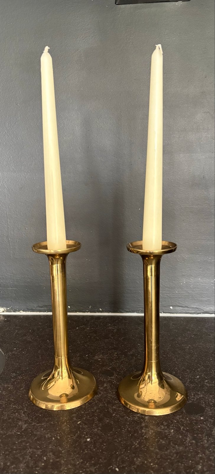 Set van 2 vintage Deense messing trompetkandelaars, Ophalen of Verzenden, Koper of Brons
