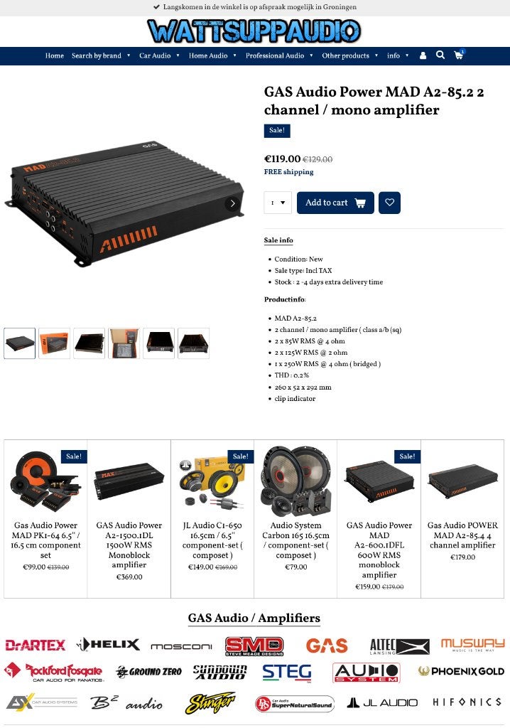 GAS Audio Power MAD A2-85.2 2 kanaals / mono versterker, Auto diversen, Info@optimount.nl, Nieuw, Ophalen of Verzenden, Anholtseweg 48A 7091 HB DINXPERLO