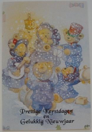 Oude Kerstkaart met muziekmakende beren, Verzamelen, Ophalen of Verzenden, 1980 tot heden, Gelopen, Feest(dag)