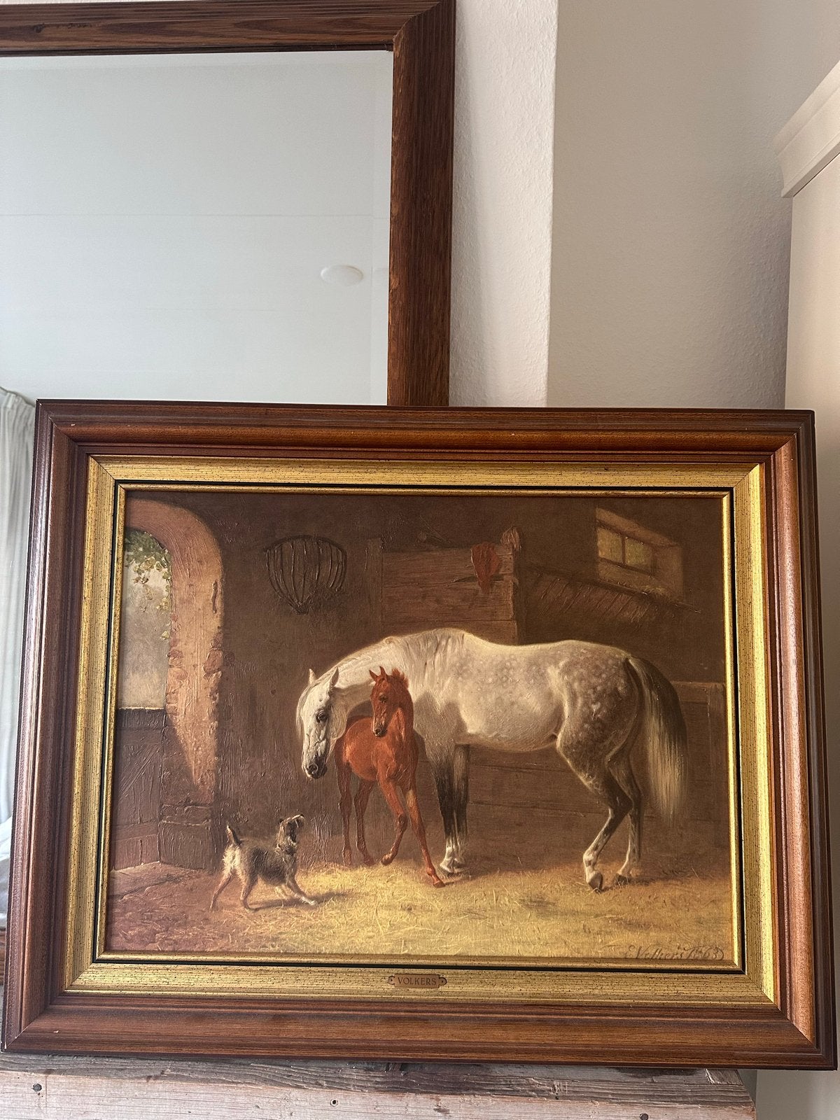 Prachtige Prent met houten lijst - Paard, veulen en hond, Antiek en Kunst, Ophalen