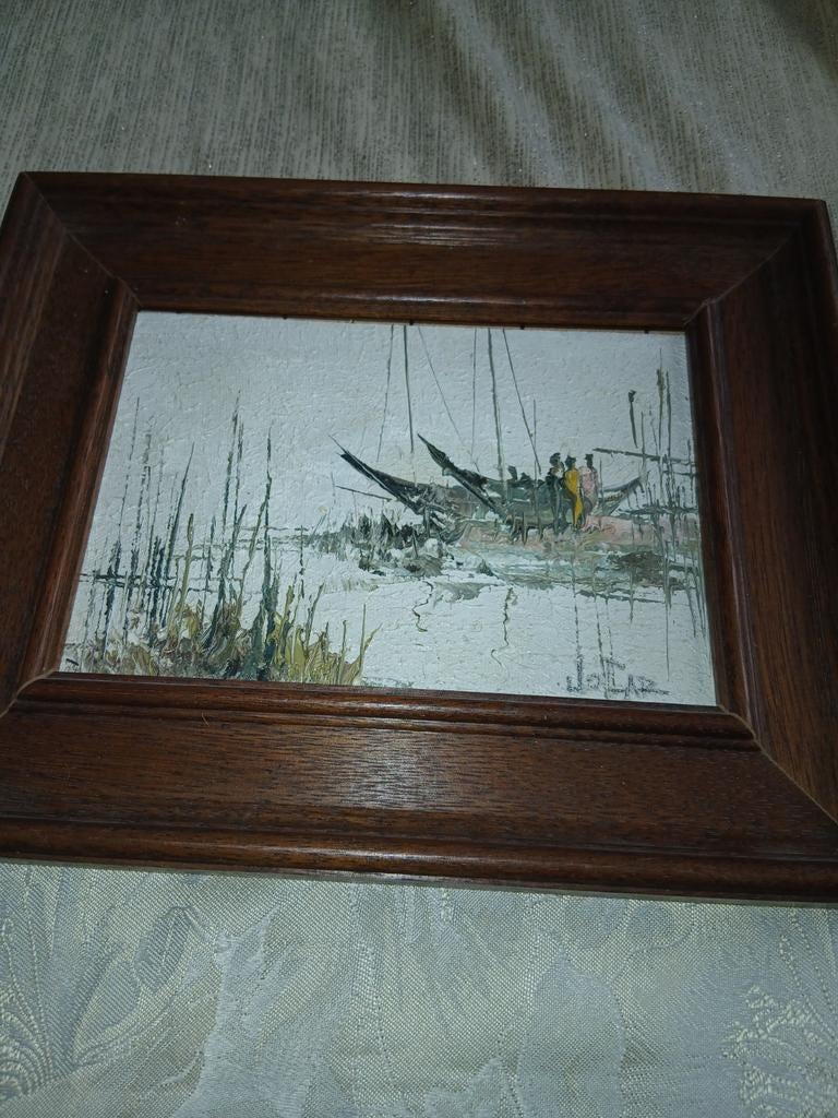 Impasto-techniek werk'Boten op het water' gesigneerd J. Laar, Ophalen of Verzenden