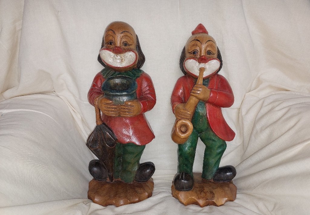 Twee clowns / Saxofoon / Hoed / Hout, Ophalen of Verzenden, Gebruikt, Mens