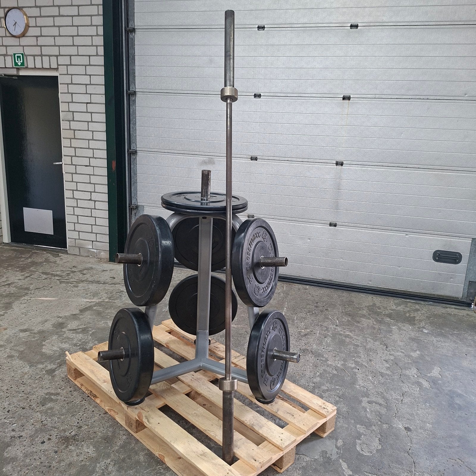 Bumper Plates Set + Olympische Barbell + Opbergrek, Sport en Fitness, Fitnessmaterialen, Ophalen, Zo goed als nieuw
