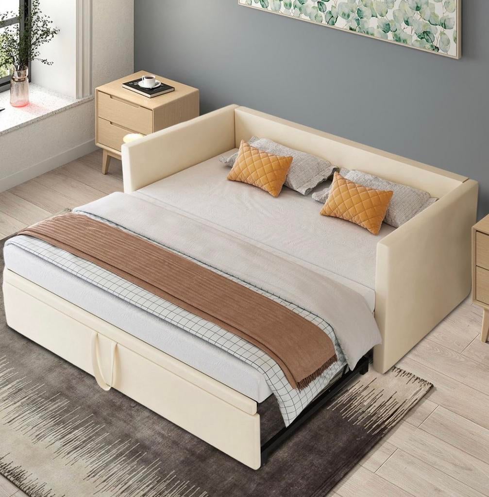 Slaapbank Beige, Huis en Inrichting, Slaapkamer | Slaapbanken, Ophalen, Beige, Tweepersoons, Zo goed als nieuw