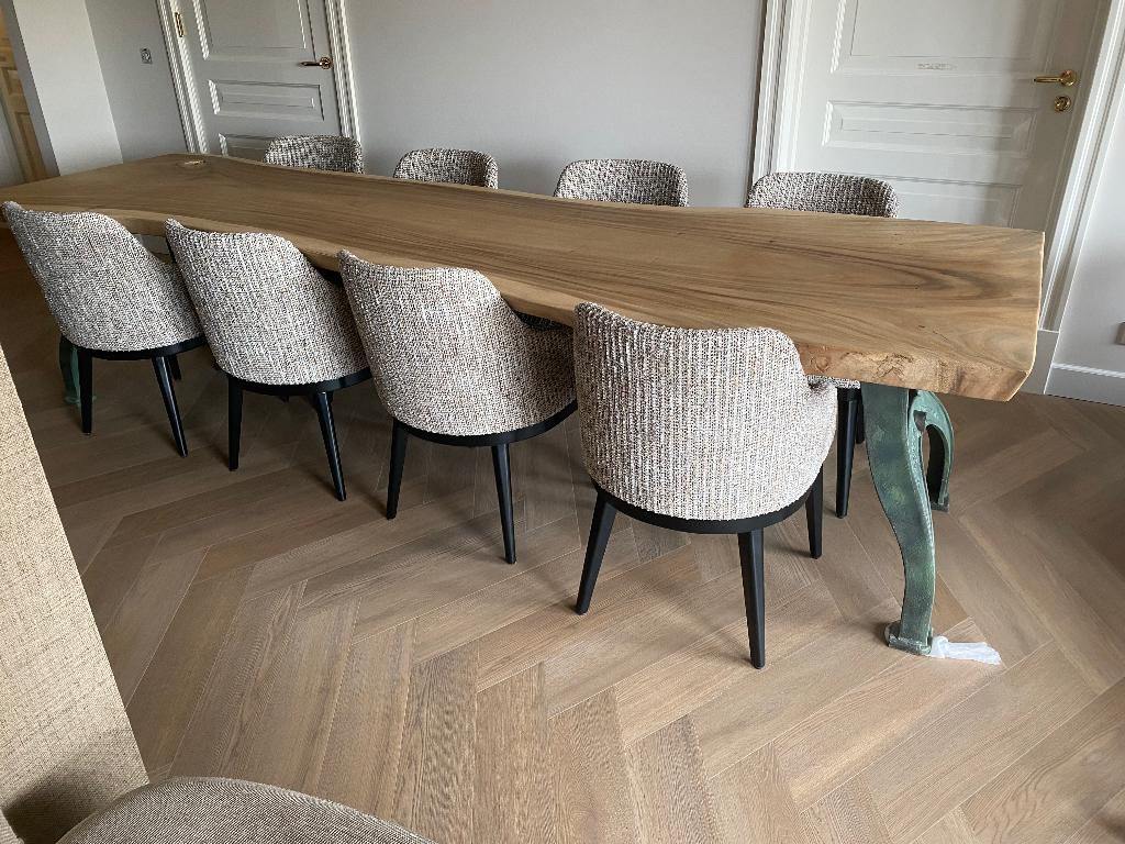 Boomstamtafel 320cm Suar hout met gietijzeren poten, Ophalen, 200 cm of meer, 50 tot 100 cm, Zo goed als nieuw