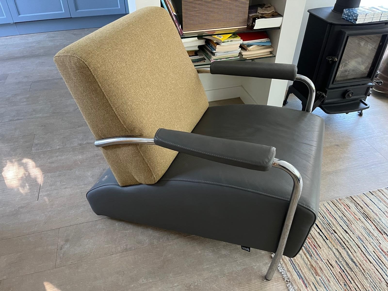 Montel design bank en fauteuil - Leer en stof, Leer, Tweepersoons, 75 tot 100 cm, Zo goed als nieuw