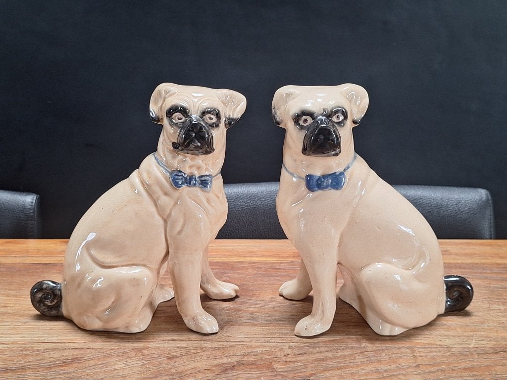 paar vintage antieke keramiek mopshonden pug dog beelden, Ophalen of Verzenden, Gebruikt, Dier