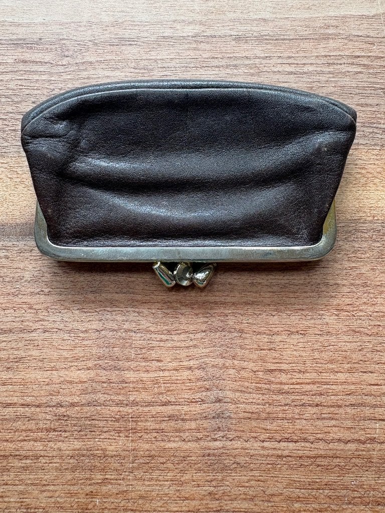 Vintage Leren donkerbruine knip portemonnee, Sieraden, Tassen en Uiterlijk, Portemonnees, Gebruikt, Ophalen, Overige merken, Leer
